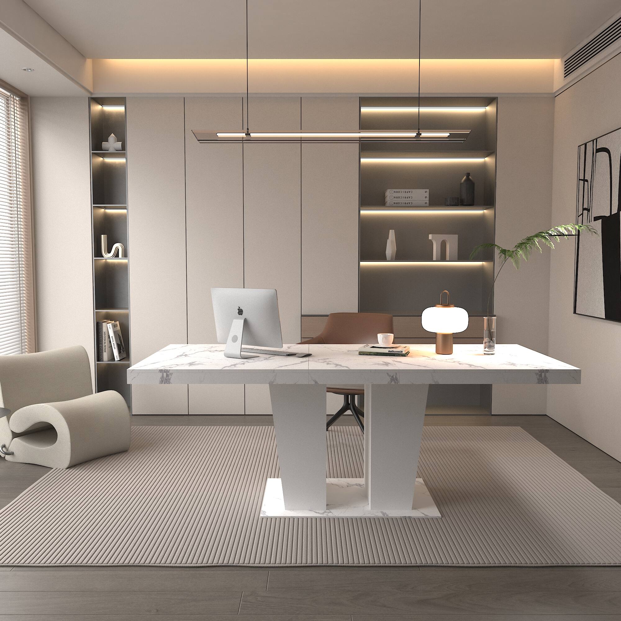 Alt View 4. Tiramisubest - Modern Extendable Dining Table for 4-10, White Faux Marble Wooden Rectangle Table with Dual Column Pedestal Base - White Marble.