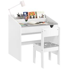 Qaba - Kids Desk and Chair Set, Study Desk, Student Writing Desk, Drawer, Bedroom & Study Room, 3-6 Years, Bow Pattern - Gray