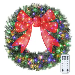 PULUZ - 48in Pre-Lit Christmas Wreath with 3D Red Bow, 11 Lighting Modes, Front Door Christmas Wreath with Remote - Green