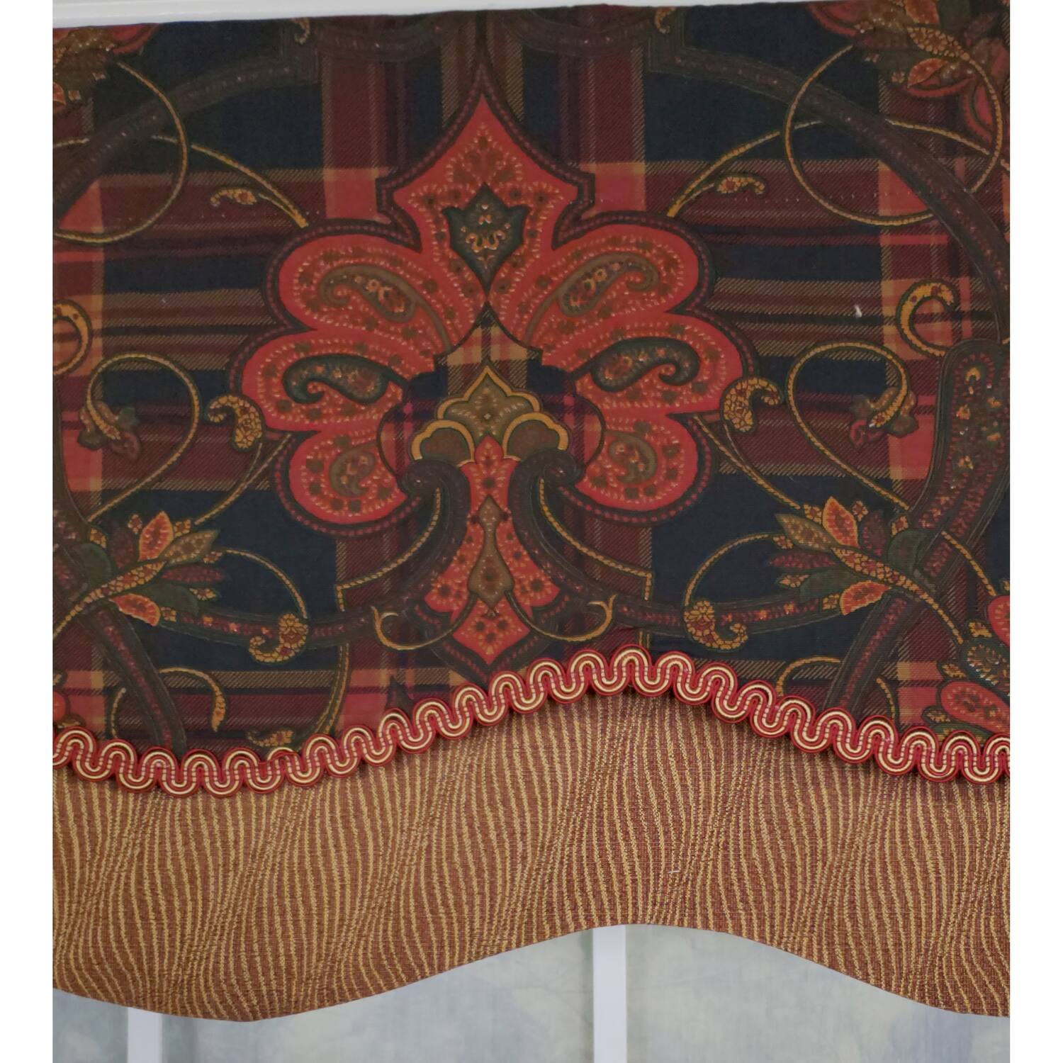 Left. RLF Home - RLF Home 3" Rod Pocket High Quality Fabric Espadas Glory Valance for Windows 50" x 16" Burgundy - Burgundy.