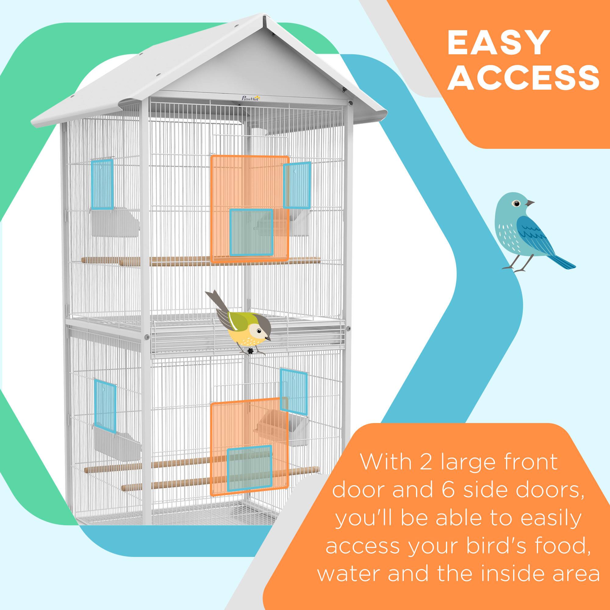 EASY ACCESS

With 2 large front door and 6 side doors, you'll be able to easily access your bird's food, water and the inside area