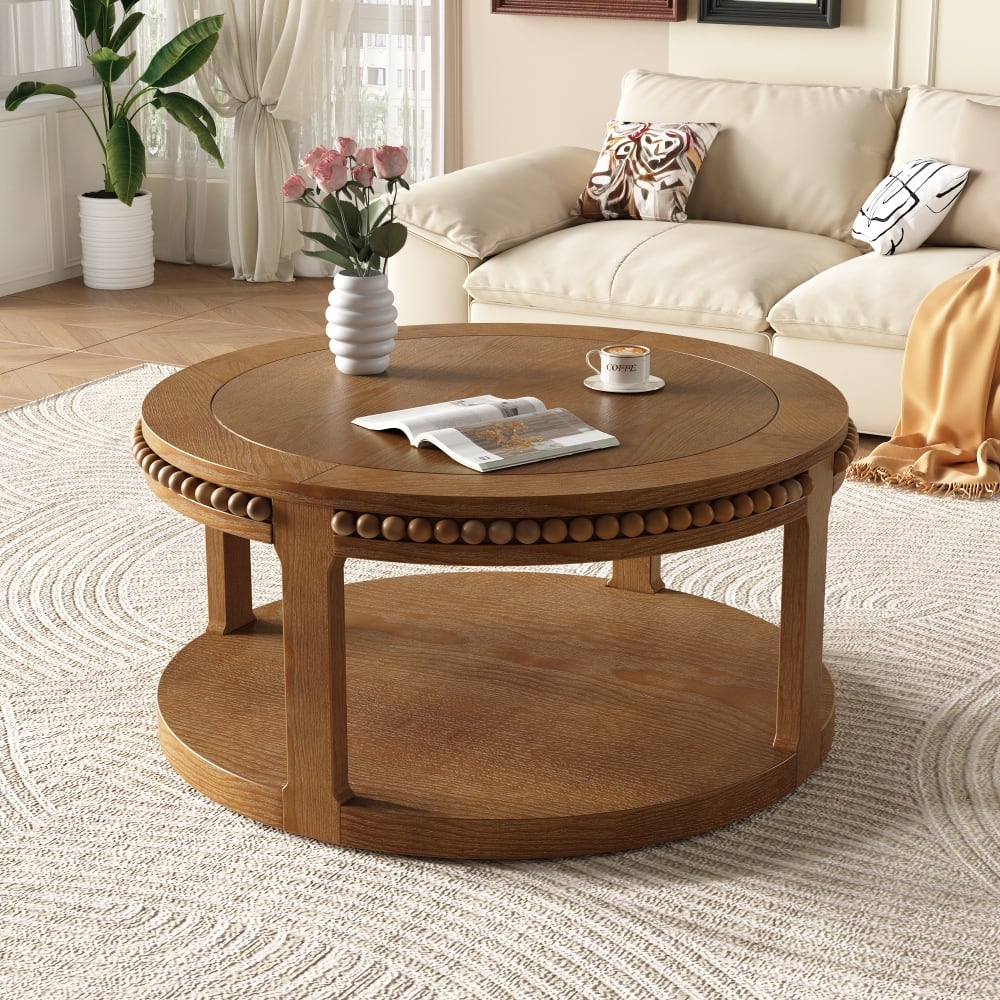 Loheer - 31.5 inch round solid wood coffee table, Two Tier Walnut Finish, 100 LBS Capacity - Walnut Brown