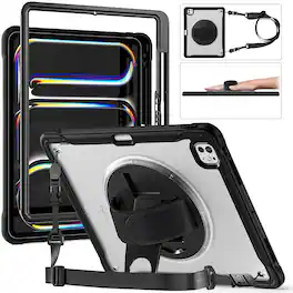 Dteck - Rugged Case for Apple iPad Pro (M4 2024/M5 2025) 11'' Shockproof Handstrap Foldable Kickstand Cover+Crossbody Strap - Black+Clear