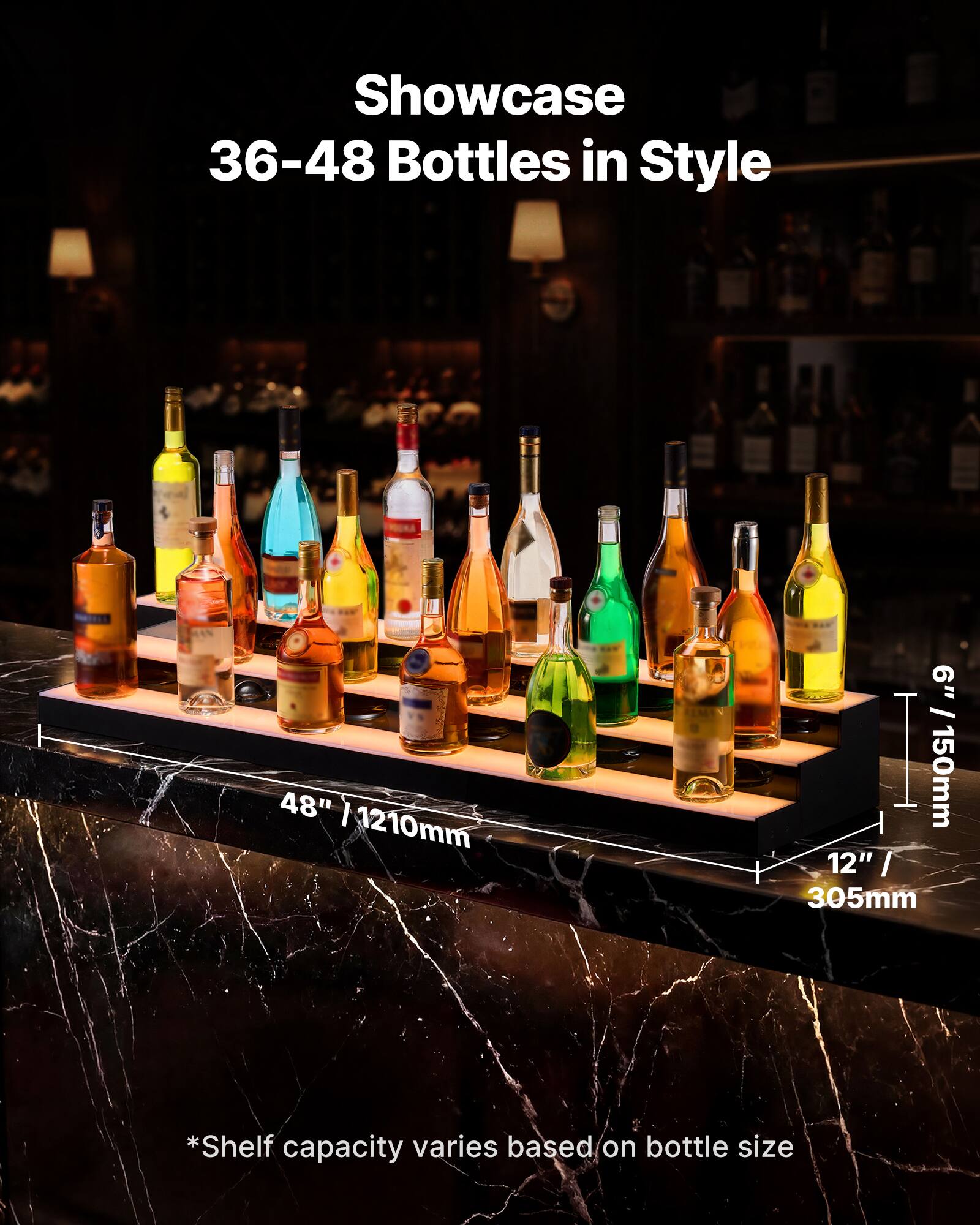 Showcase 36-48 Bottles in Style  
48" | 1210mm  
6" | 150mm  
12" | 305mm  
*Shelf capacity varies based on bottle size