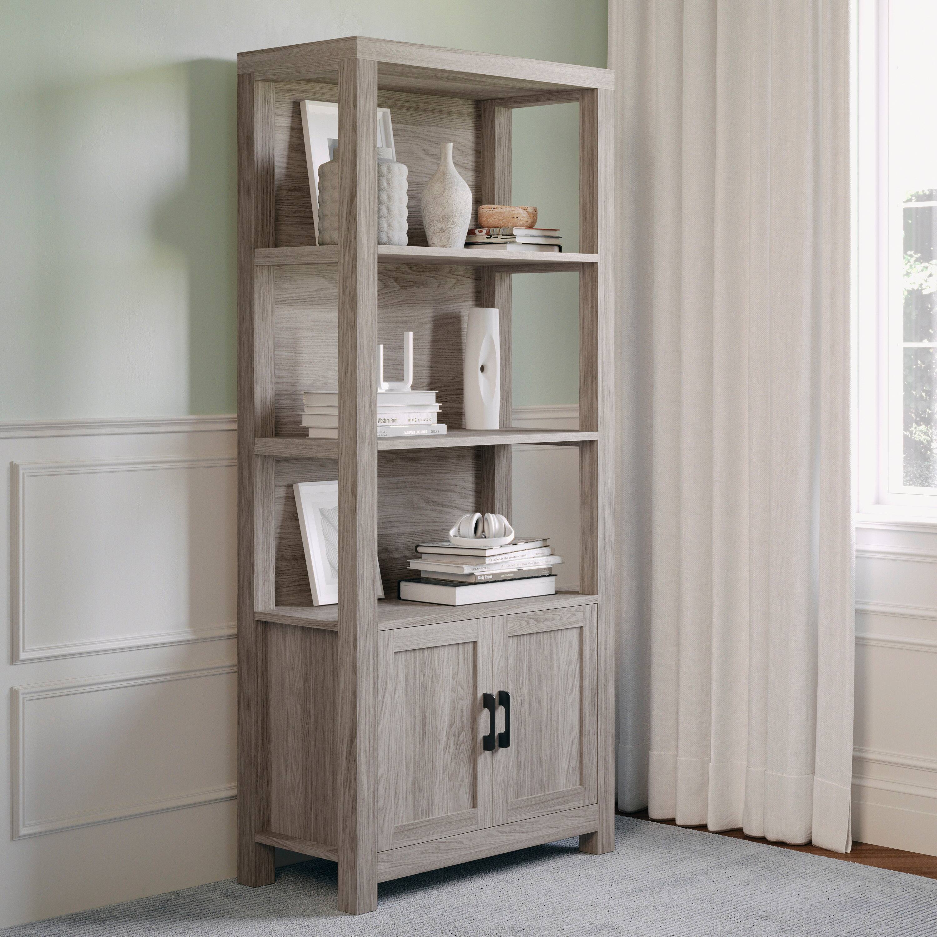 Alt View 5. Martha Stewart - Hutton Gray Wash 4 Tier Shaker Style Bookcase with Cabinet - Gray Frame/Oil Rubbed Bronze Hardware.