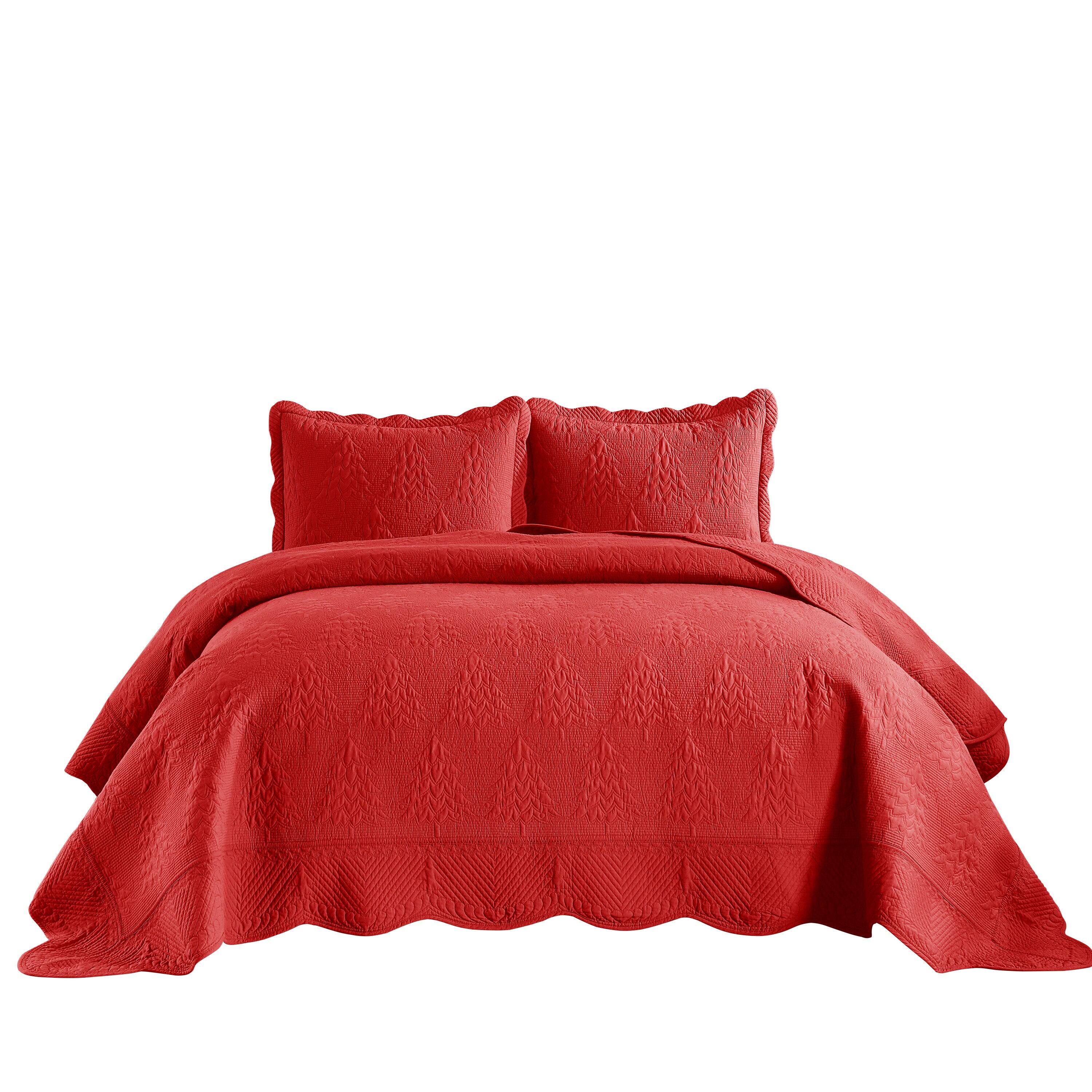 Back. MarCielo - Marcielo 3 Piece 100% Cotton Christmas Tree Bedspread Set Coverlet Set Lightweight Quilt Set - Red.