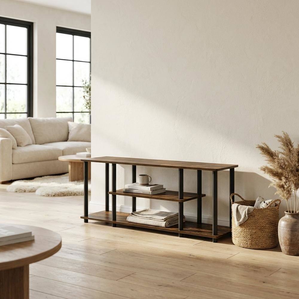 Alt View 2. FurniFact - Amber Pine/Black TV Stand with 3-Tier Storage and Wooden Construction - Brown Black.
