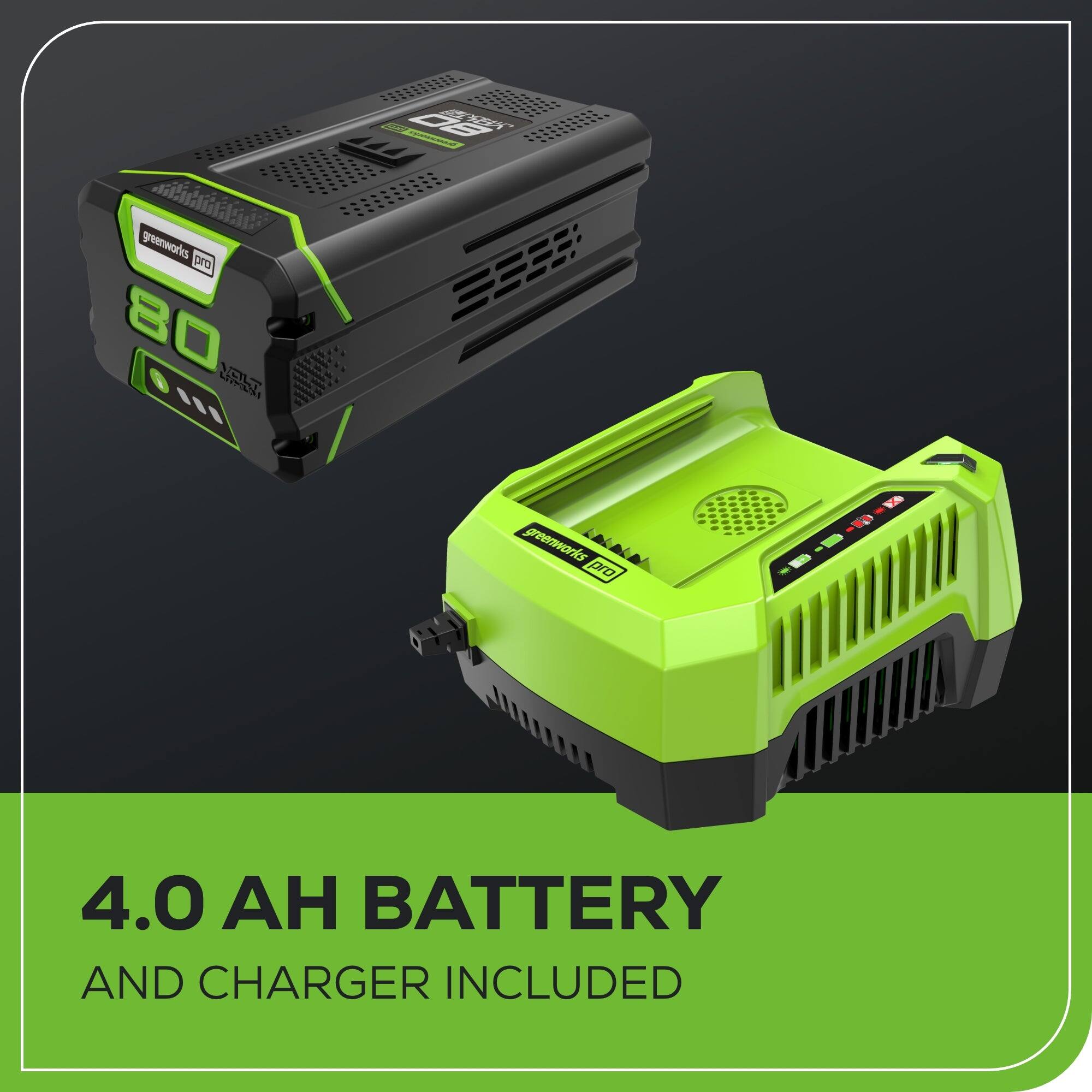 The text on the image reads: "greenworks pro 4.0  BATTERY AND CHARGER INCLUDED."