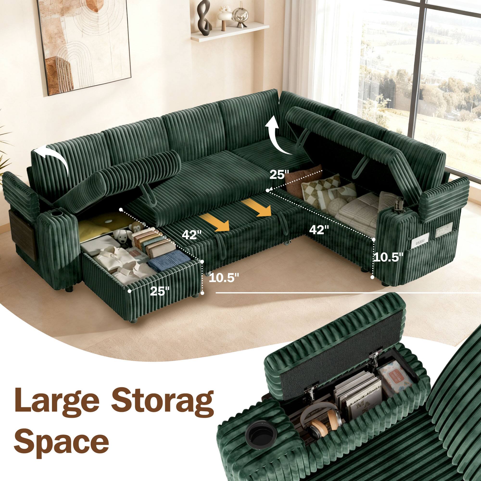 8 25" 25" 42" 10.5" 42" Se 10.5" Large Storage Space