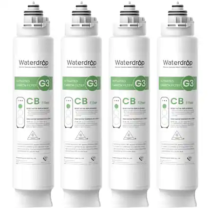Waterdrop Reverse Osmosis Water Filtration System
ACTIVATED CARBON FILTER G3
CB Filter
RESET AFTER REPLACEMENT:
- Press the button for 7 seconds until the system beeps 3 times.
FEED WATER TEMPERATURE: 40°F
Certified by NSF/ANSI Standard 42 for the reduction of chlorine taste and odor, and NSF/ANSI Standard 53 for the reduction of lead to 0.75% of the Maximum Contaminant Level Goal.
Certified by NSF/ANSI Standard 42 for the reduction of chlorine taste and odor, and NSF/ANSI Standard 53 for the reduction of lead to 0.75% of the Maximum Contaminant Level Goal.
Original Equipment Filter Co., Ltd.
Made in China
2021