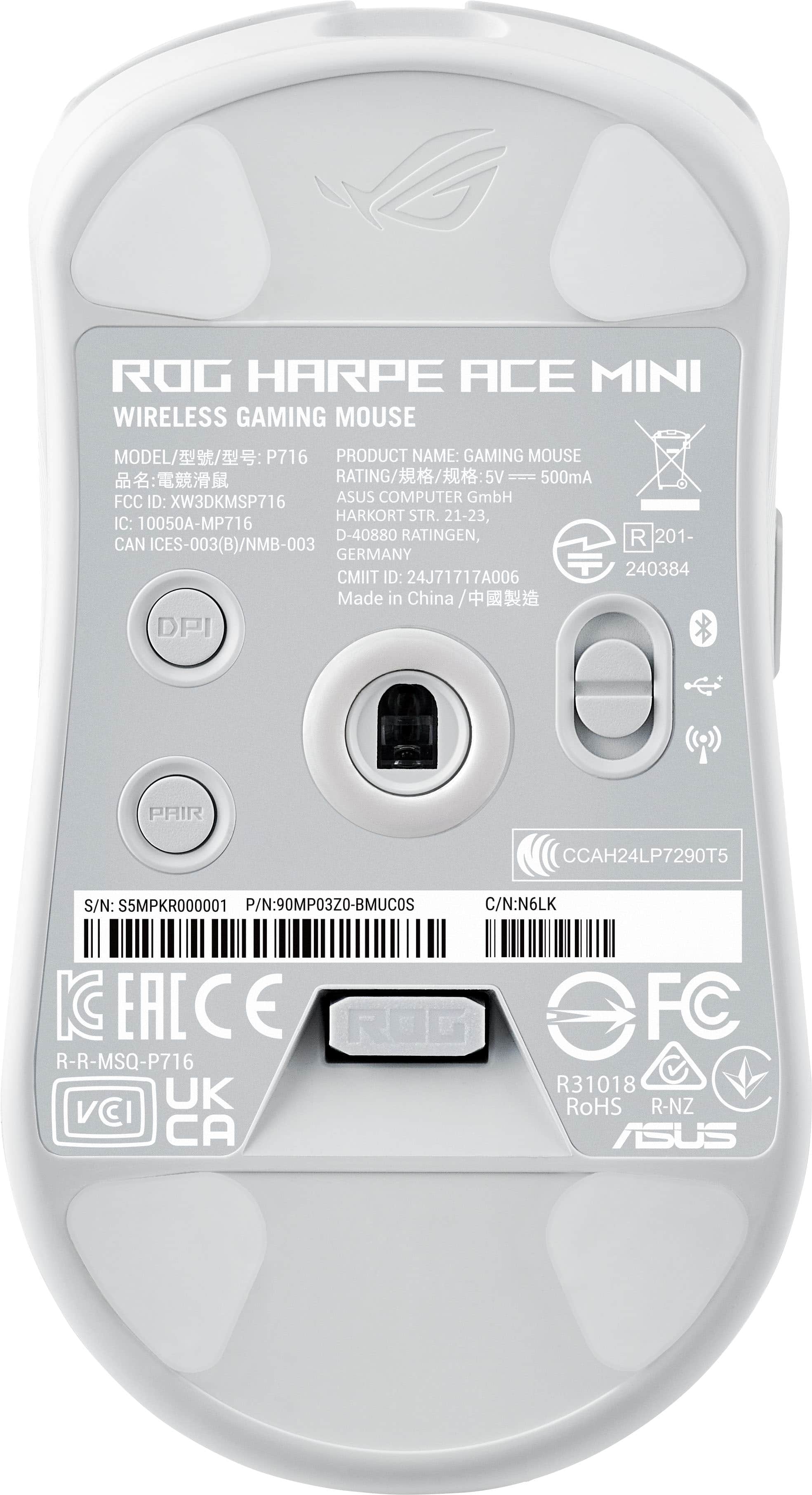 ROG Harpe Ace Mini Wireless Gaming Mouse Model: P716 Product Name: Gaming Mouse Rating: 5V 500mA FCC ID: XW3DKMSP716 Asus Computer GmbH Harkort Str. 21-23, IC: 10050A-MP716 Ratingen, R 201- CAN ICES-003(B)/NMB-003 Germany 240384 CMIIT ID: 24J71717A006 Made in China DPI Pair CCAH24LP7290T5 S/N: S5MPKR000001 P/N: 90MP03Z0-BMUCOS C/N: N6LK EALCE R-R-MSQ-P716 UK VCI CA FC R31018 RoHS R-NZ Asus