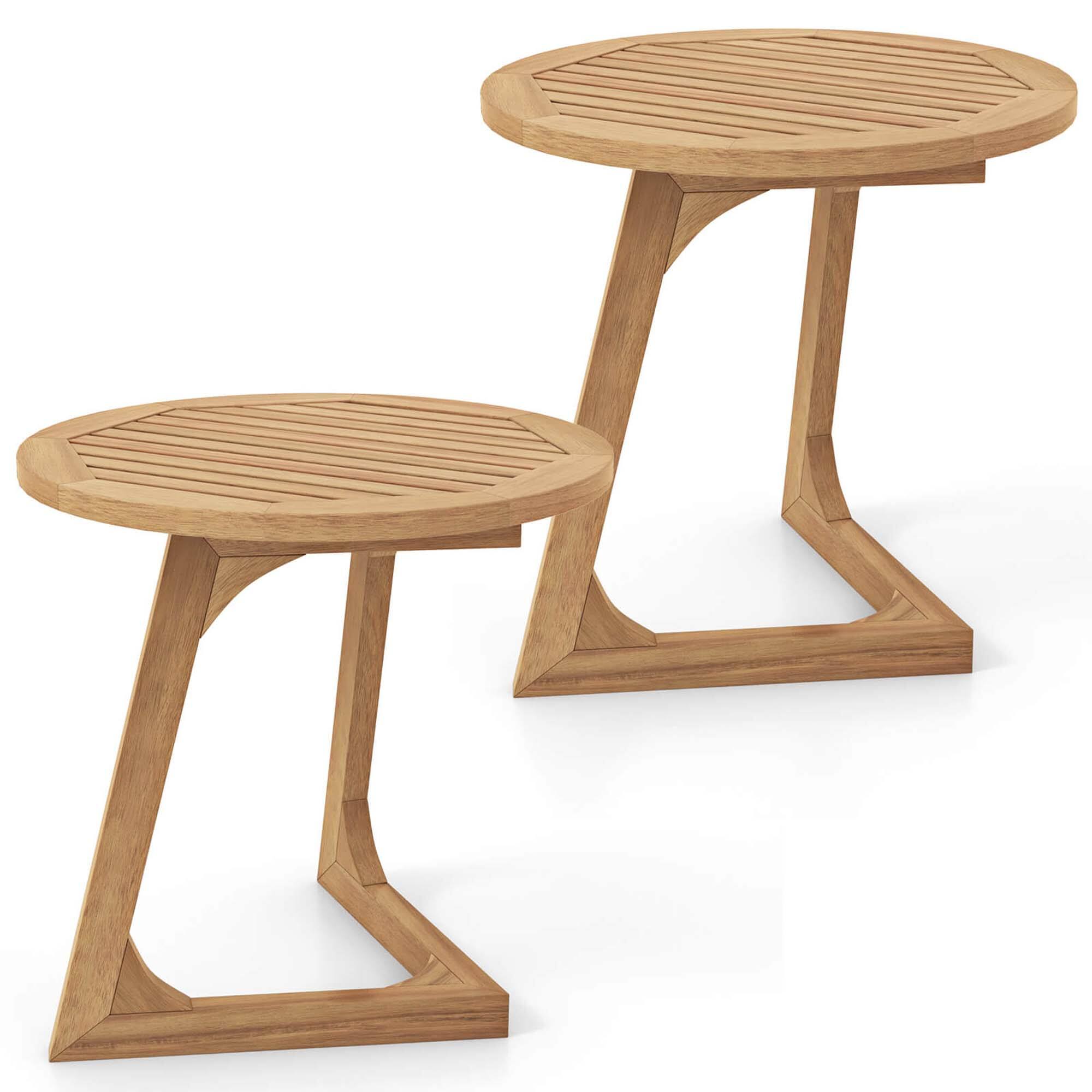 Angle. Costway - Costway 2 PCS Teak Wood Side Table Round Sofa End Table with Slatted Tabletop Nightstand - Beige.