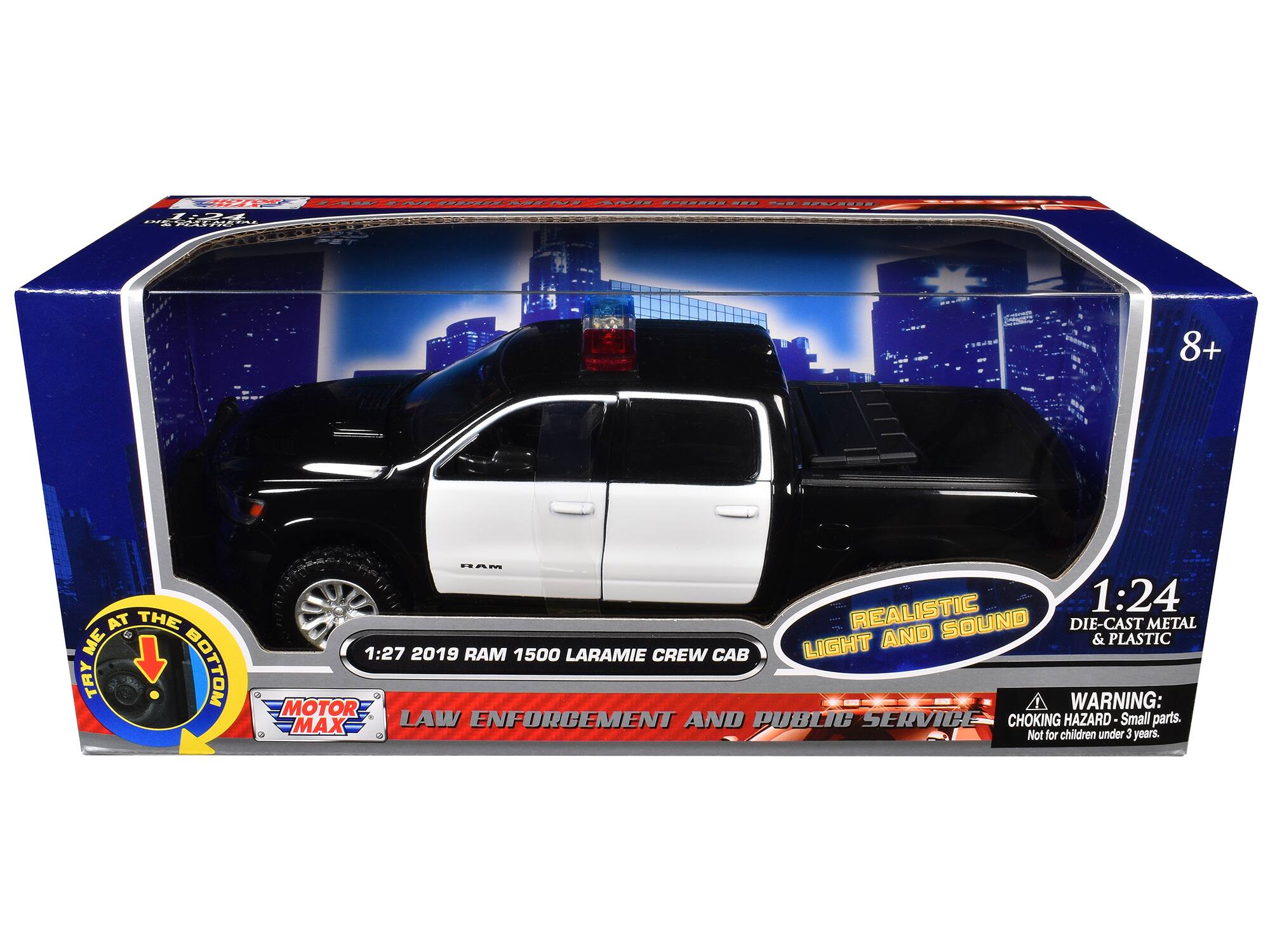 N - - | - - - - - | - WSS a S C- 8+ AT THE ME TRY BOTTOM RAM REALISTIC 1:24 SOUND DIE-CAST METAL LIGHT AND & PLASTIC 1:27 2019 RAM 1500 LARAMIE CREW CAB MOTOR WARNING: MAX LAW ENFORCEMENT AND PUBLIC SERVICE CHOKING HAZARD-Small parts. Not for children under 3 years.