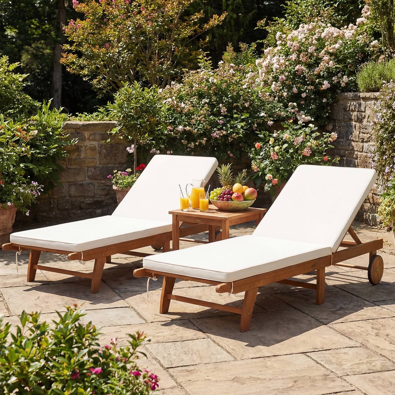 Alt View 1. Costway - Costway 2PCS Patio Acacia Wood Lounge Chair Chaise Recliner Adjustable Backrest Cushion - White.