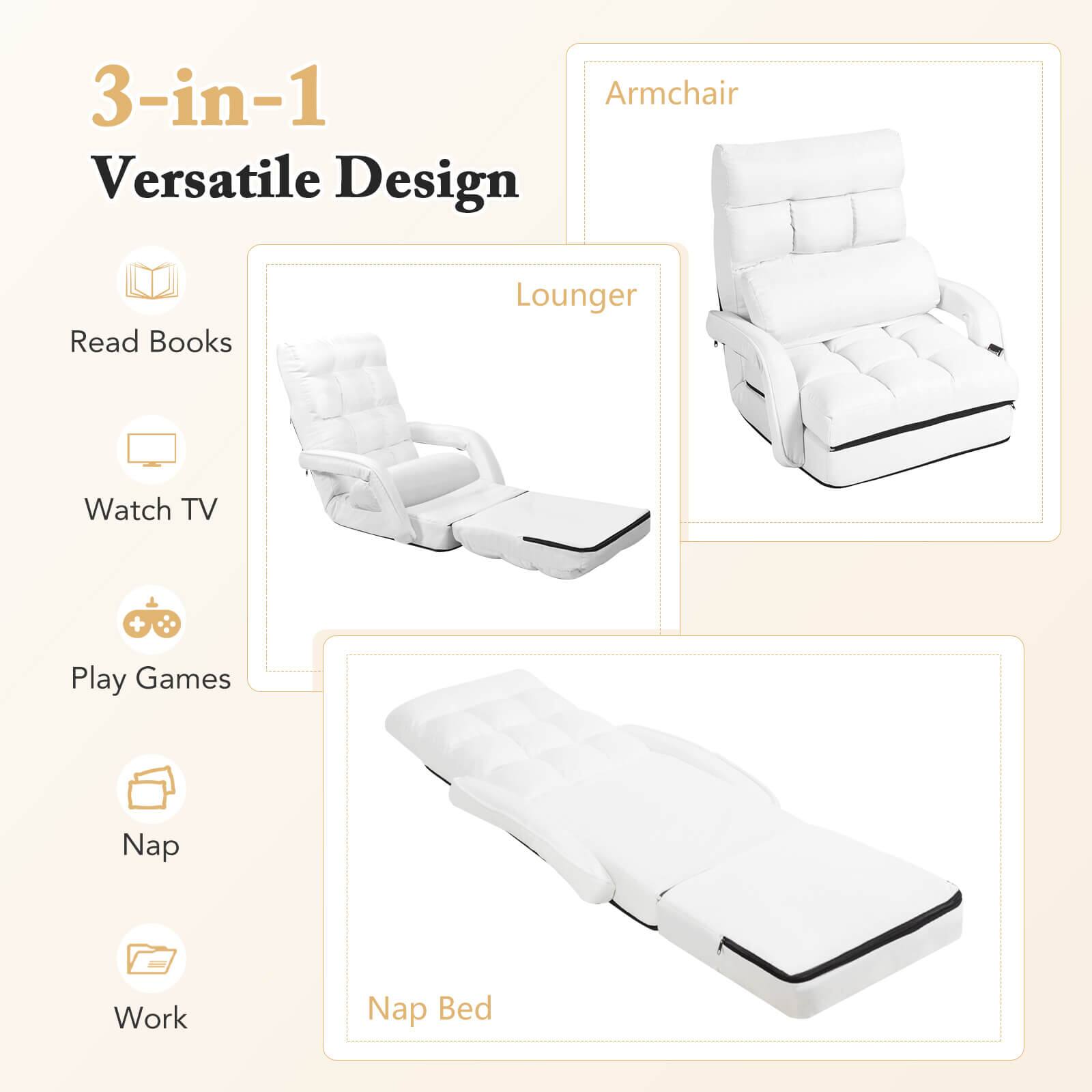 3-in-1  
Versatile Design  

- Read Books  
- Watch TV  
- Play Games  
- Nap  
- Work  

Armchair  
Lounger  
Nap Bed