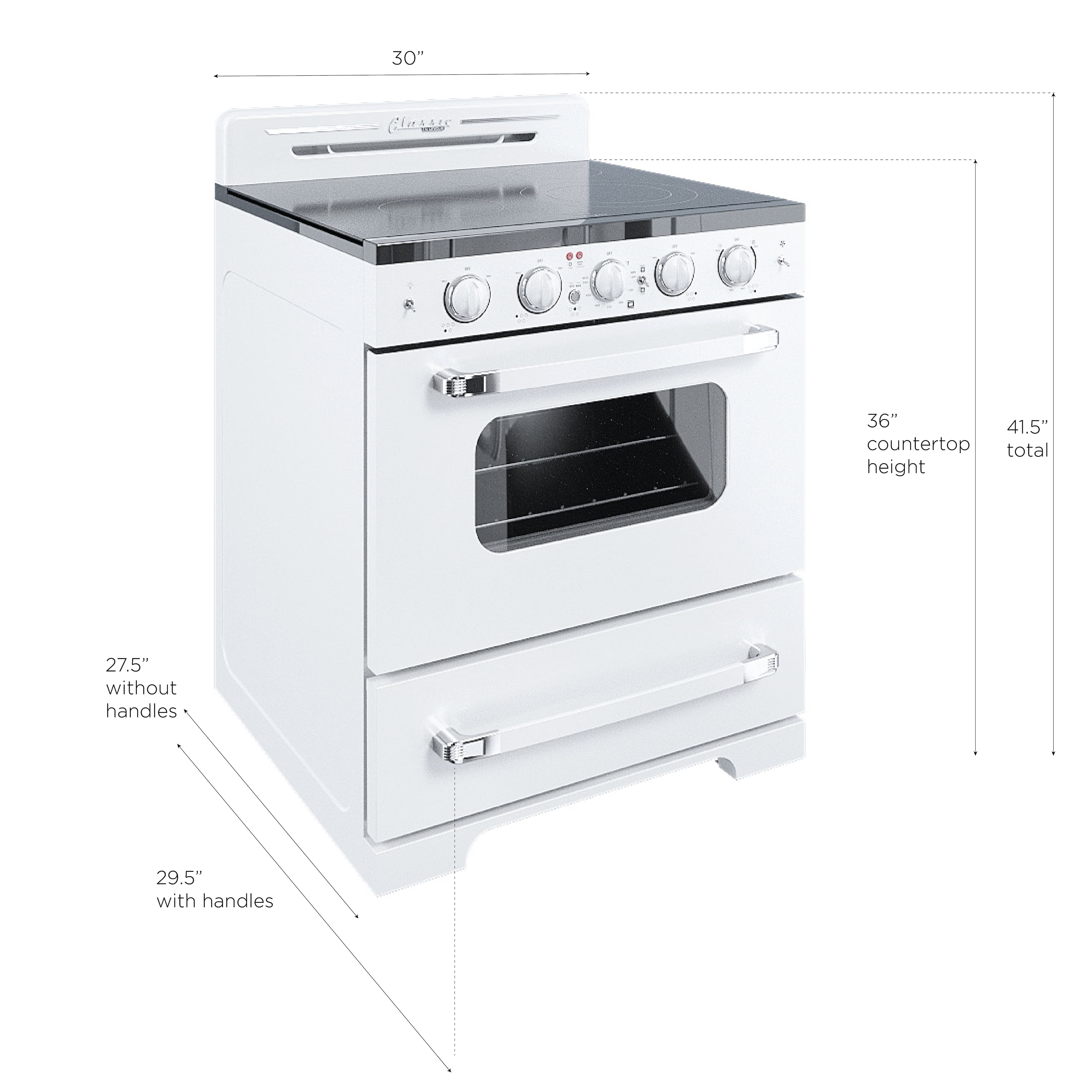 The text on the image indicates that the oven is 30 inches tall, with a 36-inch countertop height. The total height of the oven, including the countertop, is 41.5 inches. The oven is 27.5 inches tall without handles, and 29.5 inches tall with handles.