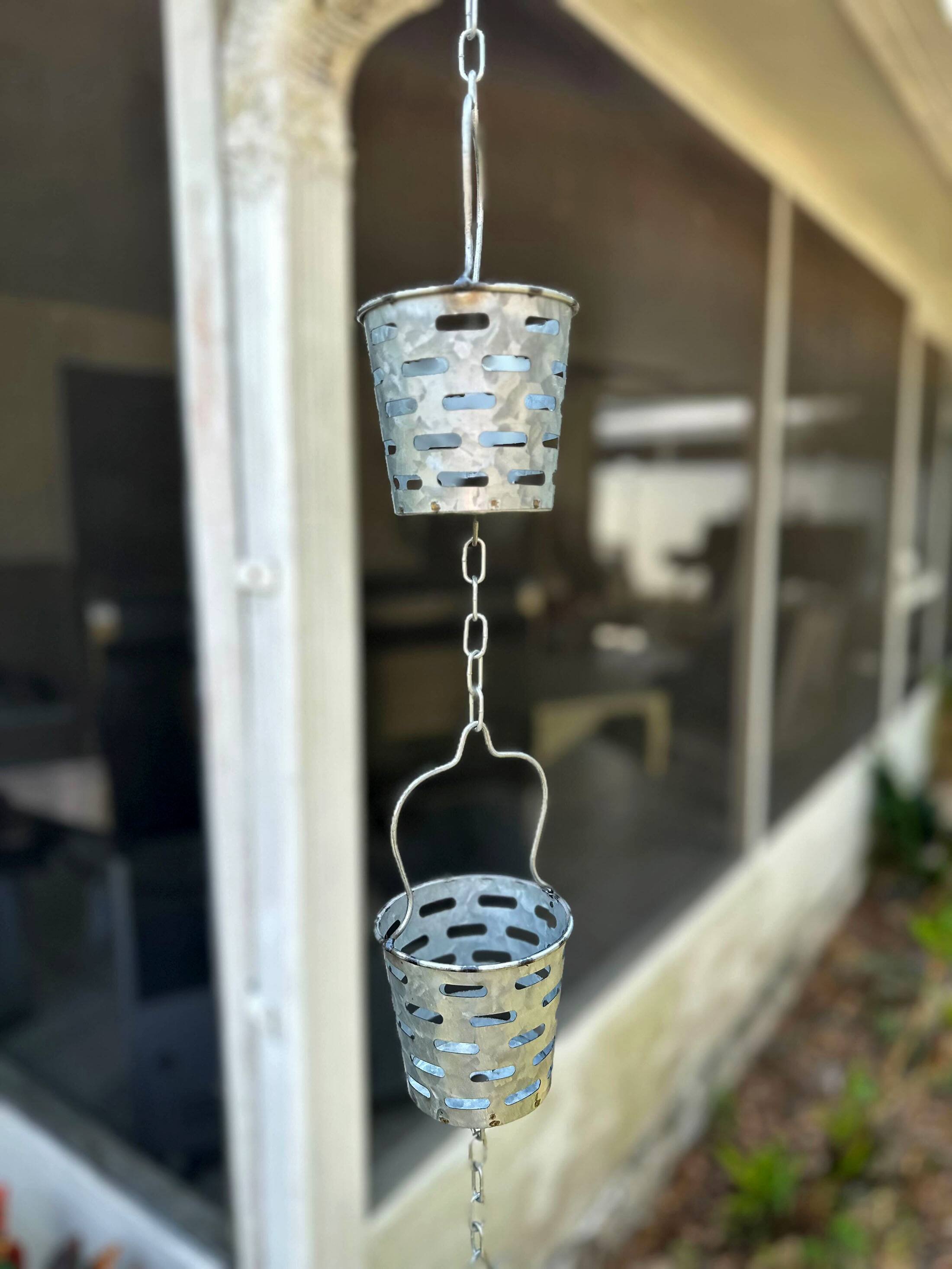 Alt View 4. Zeckos - 74 Inch Galvanized Metal Olive Bucket Rain Chain Gutter Home Downspout Accent - Silver.