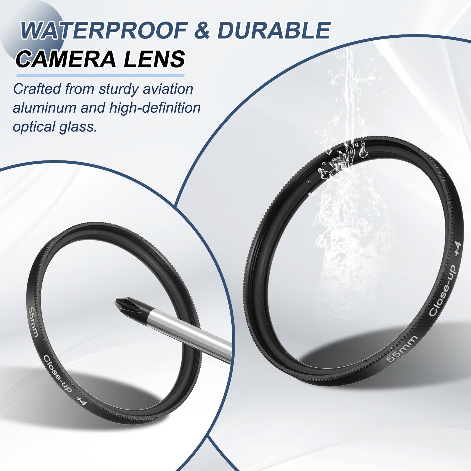 WATERPROOF & DURABLE CAMERA LENS  
Crafted from sturdy aviation aluminum and high-definition optical glass.  

VEVRIE 55mm Close-up +4