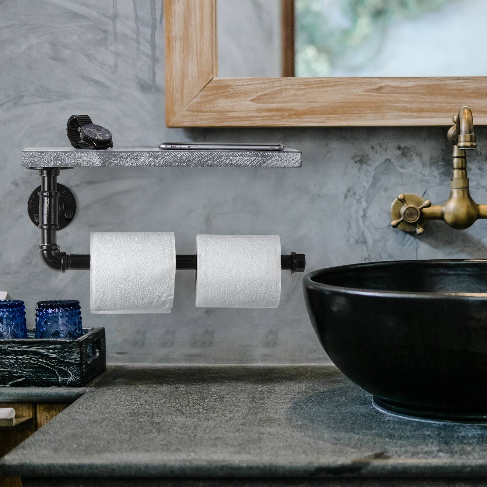 Alt View 3. Oumilen - Industrial Pipe Wall Mounted Paper Towel Holder with Greywashed Shelf – Kitchen Bathroom Rack.