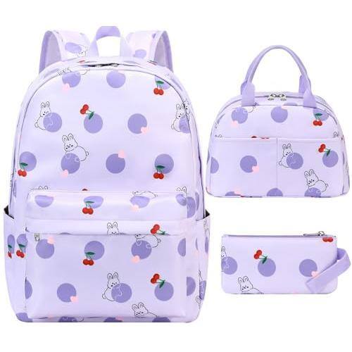 Front. Cozy Serene - 3pcs Bunny Backpack Sets With Lunch Box And Pencil Case School Rabbit Backpacks For Large Capacity Waterproof - Bunny Purple.