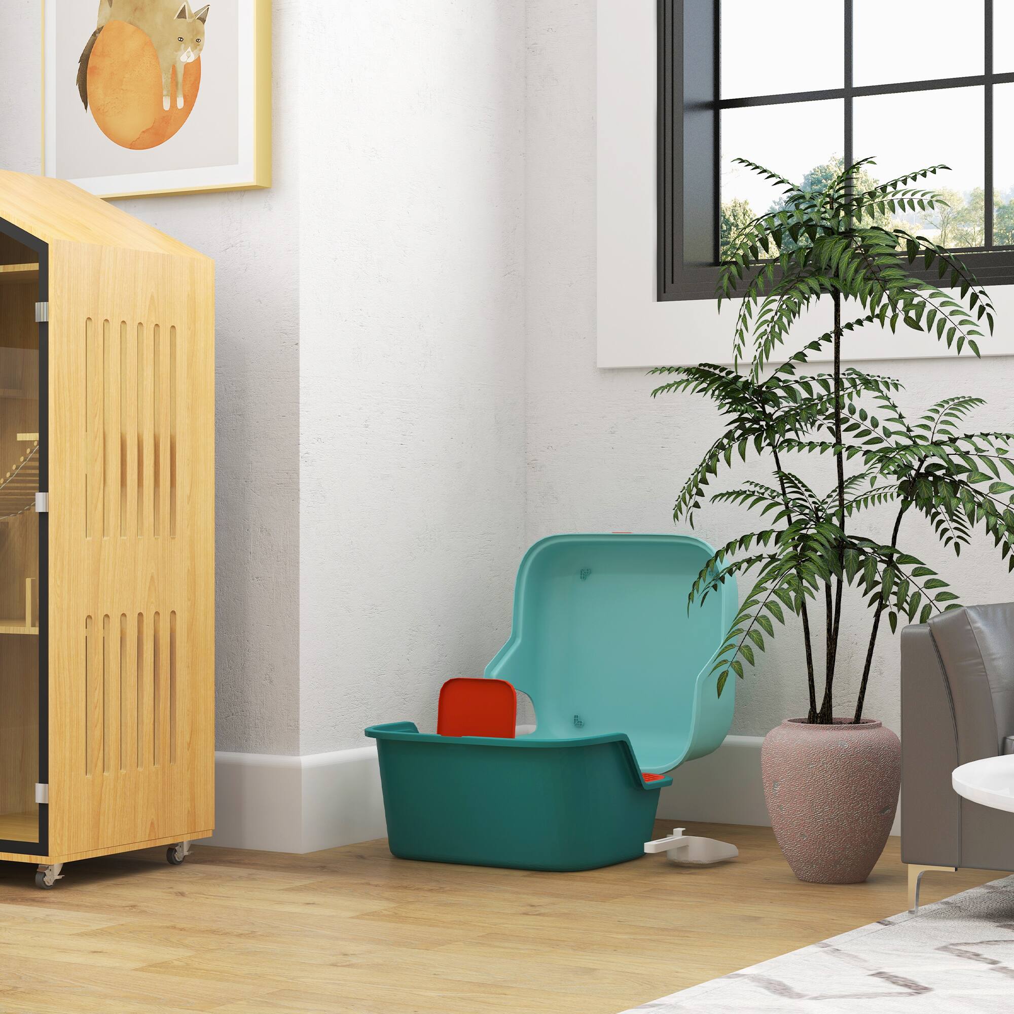 Alt View 4. Pawhut - Cat Litter Box with Lid, Covered Kitty Litter Box Enclosure with Scoop, Openable & Lockable Cover, Easy to Clean - Green.