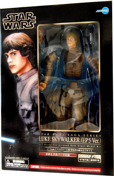 Sure, here is the corrected and grouped text from the image:

---

**STAR WARS**

**SAGA SERIES**

**LUKE SKYWALKER (EP5 Ver.)**

**1/7 Scale Pre-painted Soft Vinyl Model Kit**

**SNAP FIT**

**SUGGESTED AGES 15 AND UP**

**WARNING: CHOKING HAZARD - Small parts. Not for children under 3 years.**

**CAUTION: Product contains small parts. Choking hazard.**

---

This text is taken directly from the packaging and grouped for clarity.
