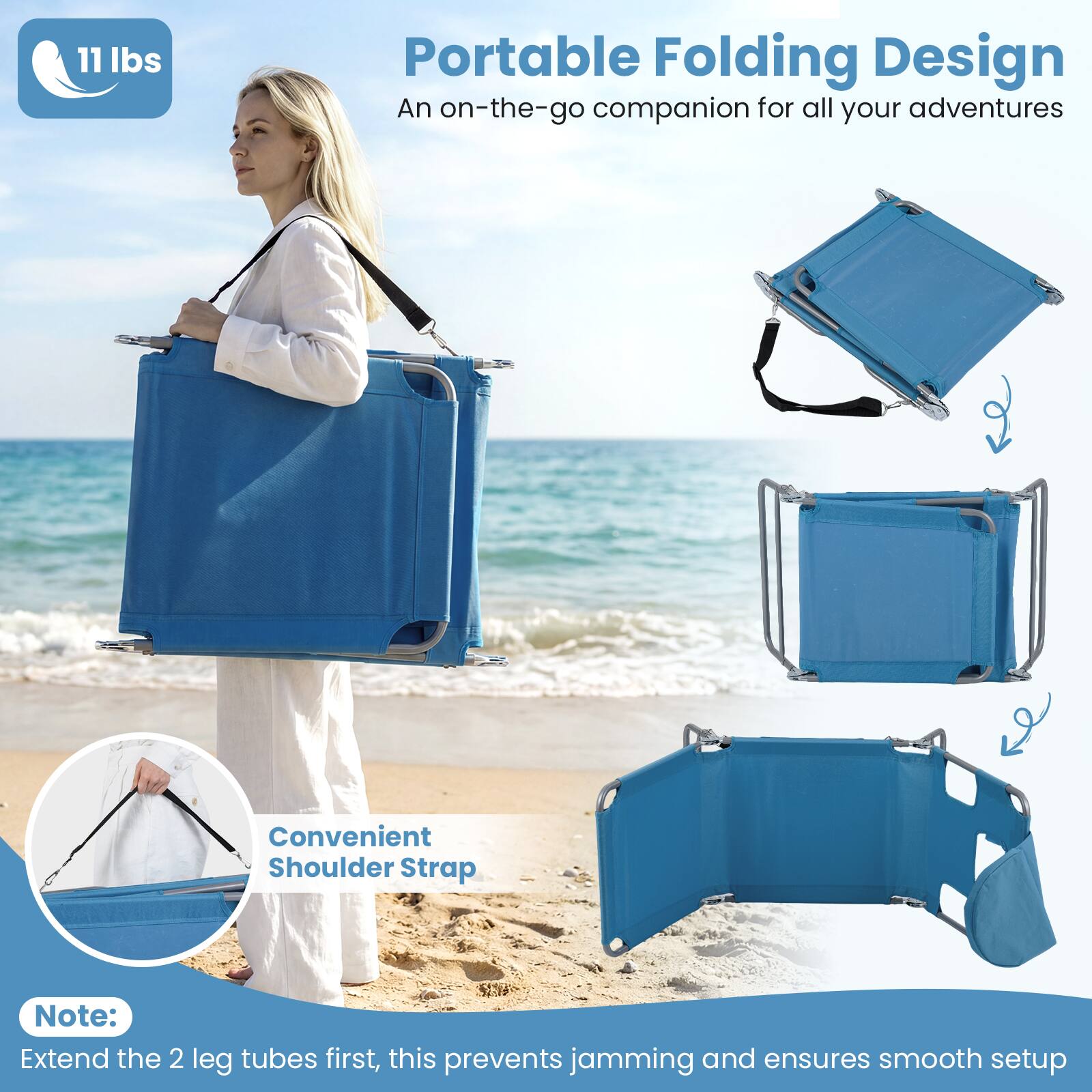 11 lbs Portable Folding Design  
An on-the-go companion for all your adventures  

Convenient Shoulder Strap  

Note: Extend the 2 leg tubes first, this prevents jamming and ensures smooth setup