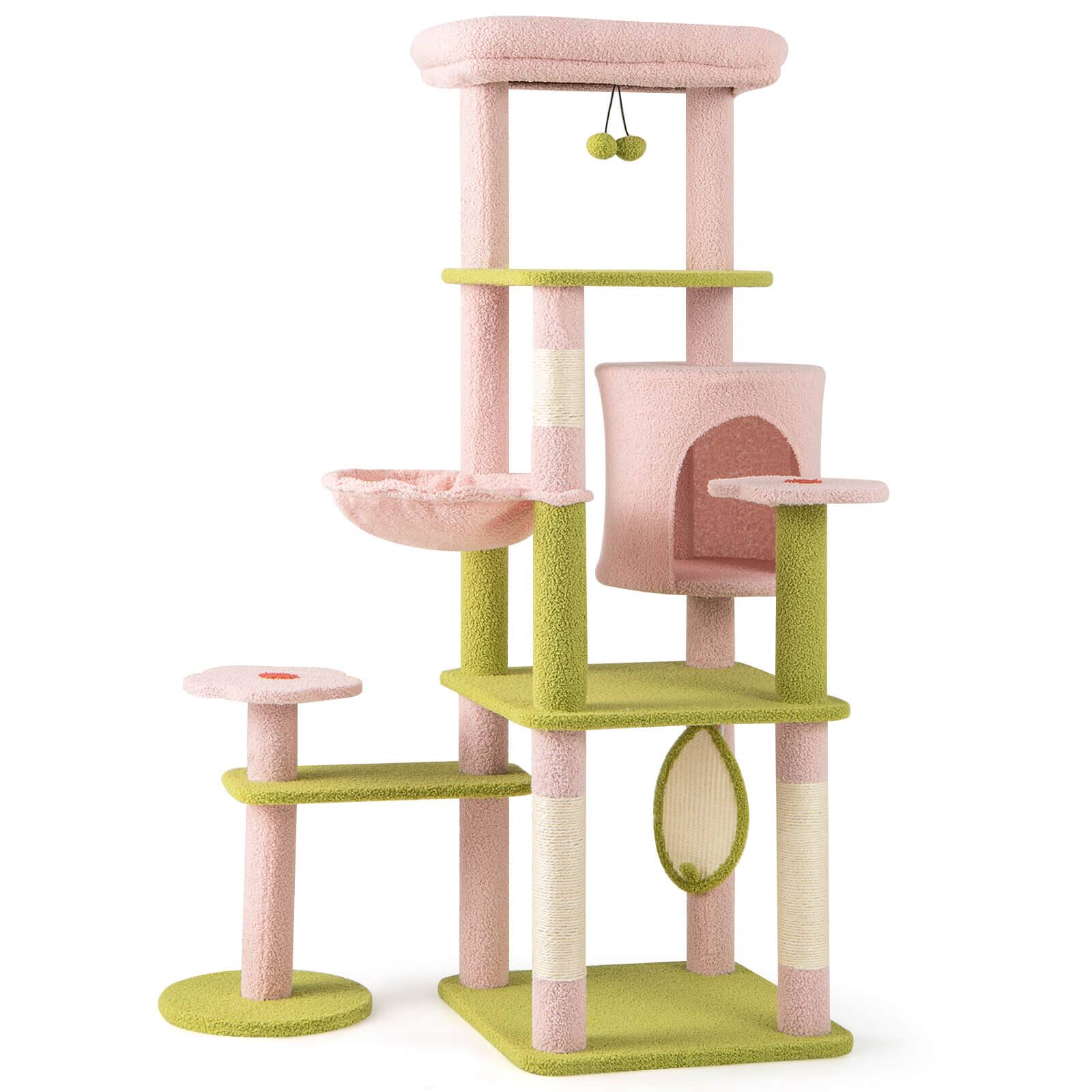 Front. Costway - Costway 58" Tall Cat Tree Multi-Level Aesthetic Floral Kitten Tower w/ Plush Padded Top Perch - Pink,Green.