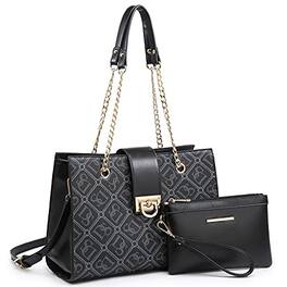 Fabibe - Leather Handbag Tote Hobo Bag For Women Shoulder Purse Top Handle Satchel With Matching Clutch - Monogrammed Black