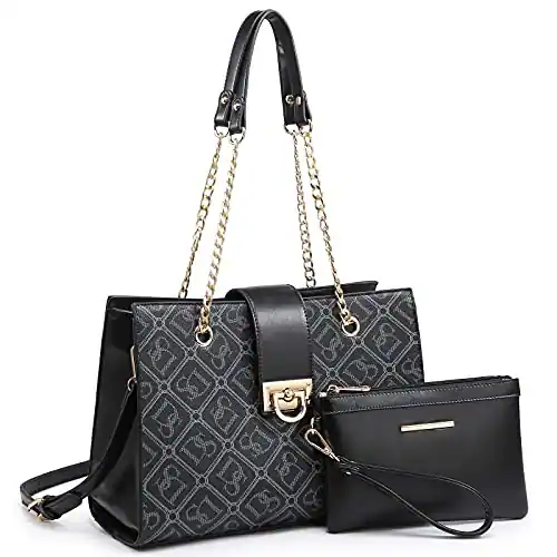 Front. Fabibe - Leather Handbag Tote Hobo Bag For Women Shoulder Purse Top Handle Satchel With Matching Clutch - Monogrammed Black.