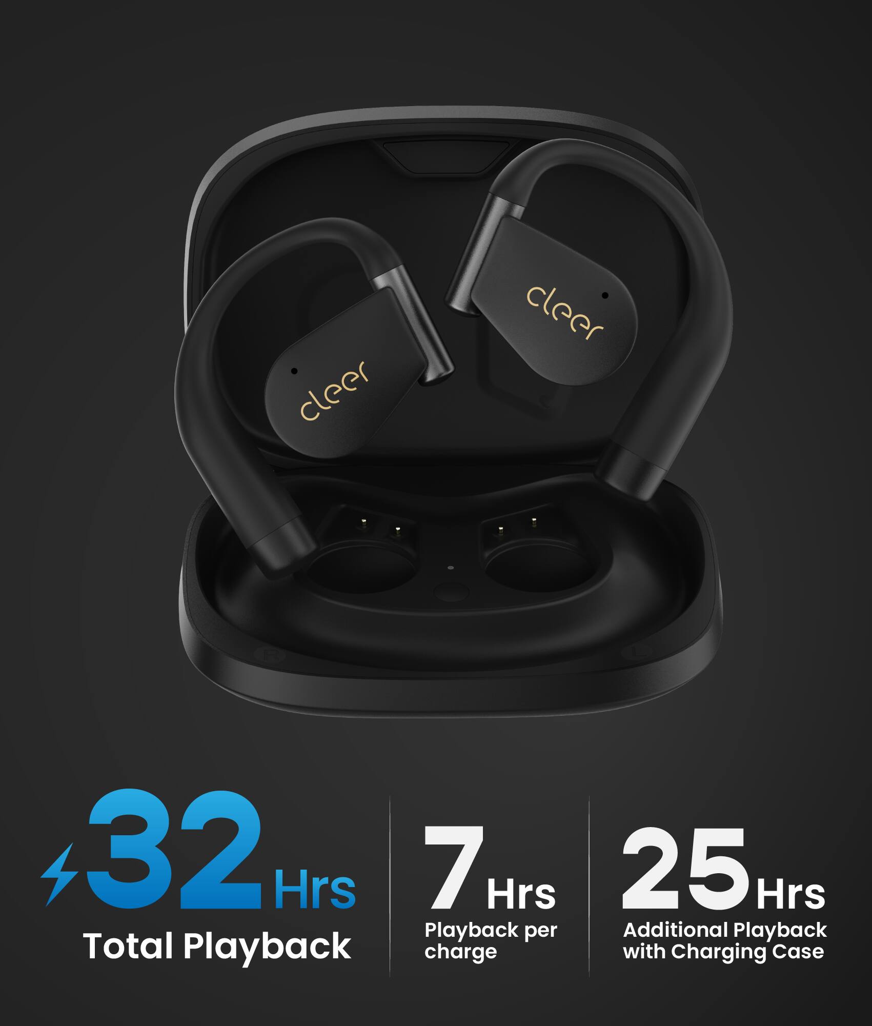 Cleer 32 Hrs Total Playback  
7 Hrs Playback per charge  
25 Hrs Additional Playback with Charging Case