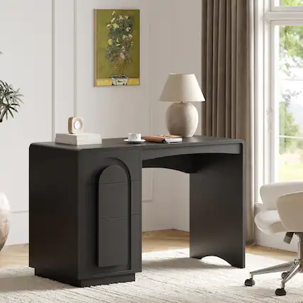 Front. Bestier - 47.2 Inch Modern Office Desk with 3 Drawers, Curved Rounded Corner Computer Desk with Storage for Home Office - Black.