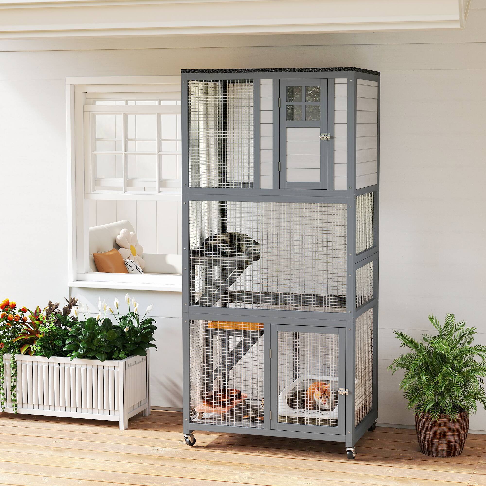 Alt View 1. Pawhut - Wooden Outdoor Cat House Catio with High Weight Capacity, Cat Cage Condo.