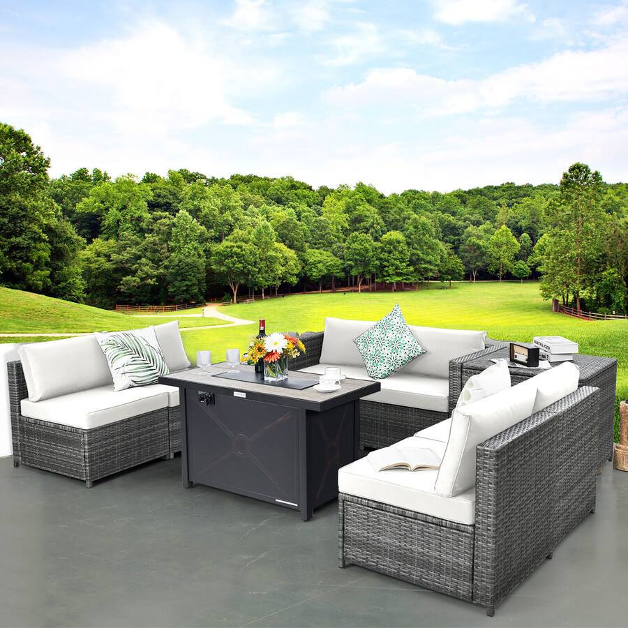 Gymax 9 PCS Patio Rattan Furniture Set Fire Pit Table Storage Black W ...