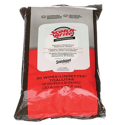 DEGREASES PROTECTS  
DEGRAISSENT OTEGENT  
DESENGRASA PROTEGE  

Scotch-Brite PROFESSIONAL Stainless Steel Hood Degreaser Wipes  
Lingettes Degrassantes Hato en Acier Inoxidable  
Toallitas Desengrasantes de Acero Inoxidable  
Extractores de Grasa  

Scotchgard  

30 WIPES/LINGETTES/TOALLITAS  
12 IN/PO x 9 IN/PO  
(30.4 cm x 22.8 cm)