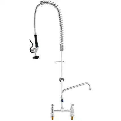 Front. VEVOR - Industrial Sink Faucet, 44" Tall, 8" Install Space, 12" Rotating Spout, Surface Mount, Brass-Made - Silver.
