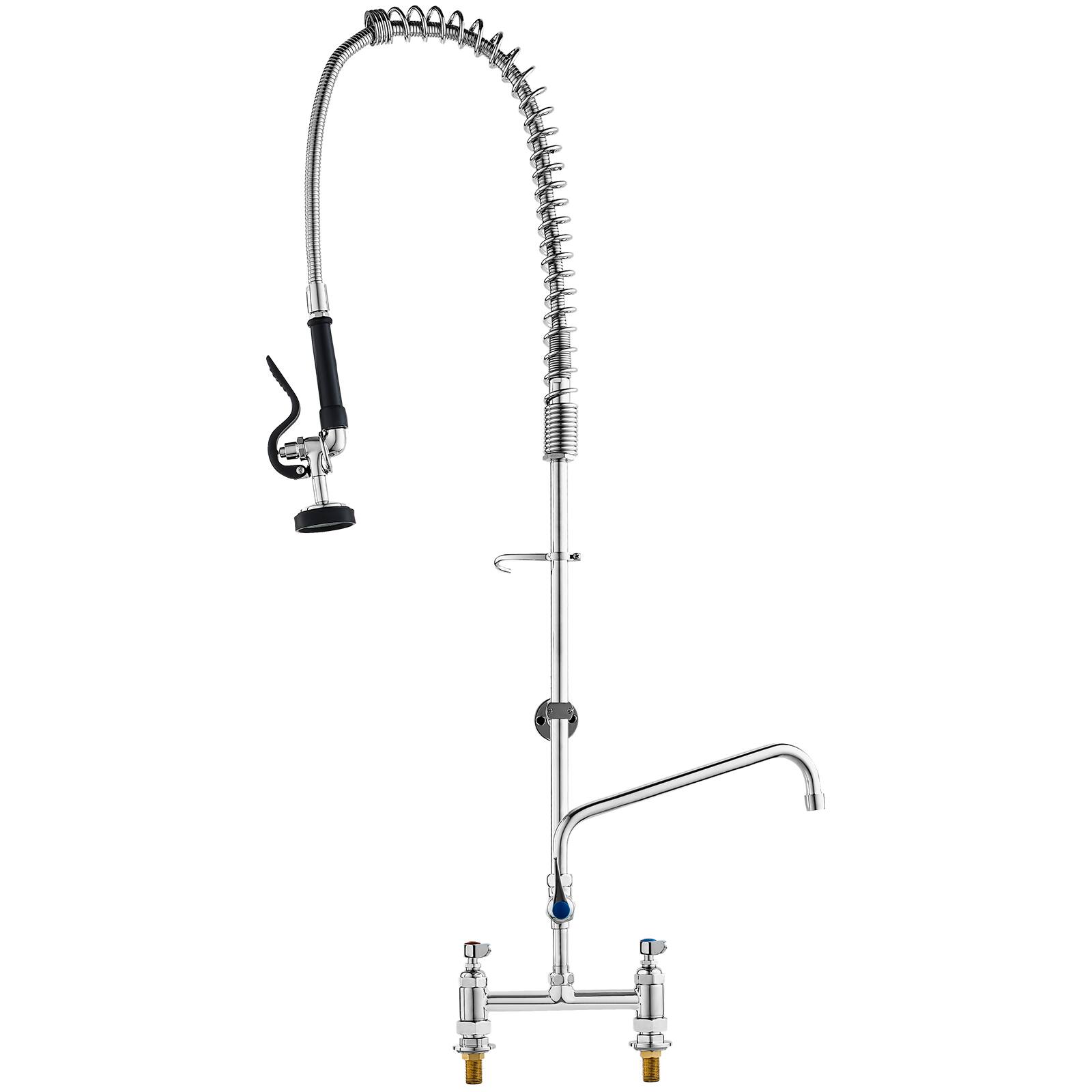 Front. VEVOR - Industrial Sink Faucet, 44" Tall, 8" Install Space, 12" Rotating Spout, Surface Mount, Brass-Made - Silver.