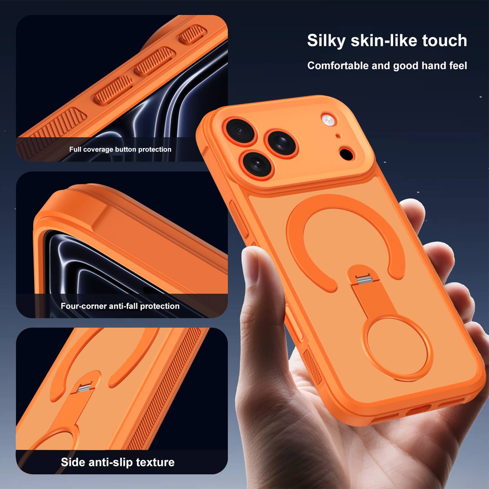 Full coverage button protection  
Four-corner anti-fall protection  
Side anti-slip texture  
Silky skin-like touch  
Comfortable and good hand feel