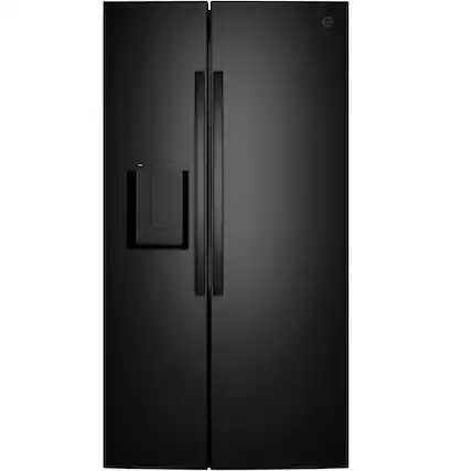 Front. GE - 36 in. Wide 23.6 Cu. Ft. Counter Depth Side-By-Side Refrigerator with Extra Tall Dispenser and In-Door Icemaker - Black.