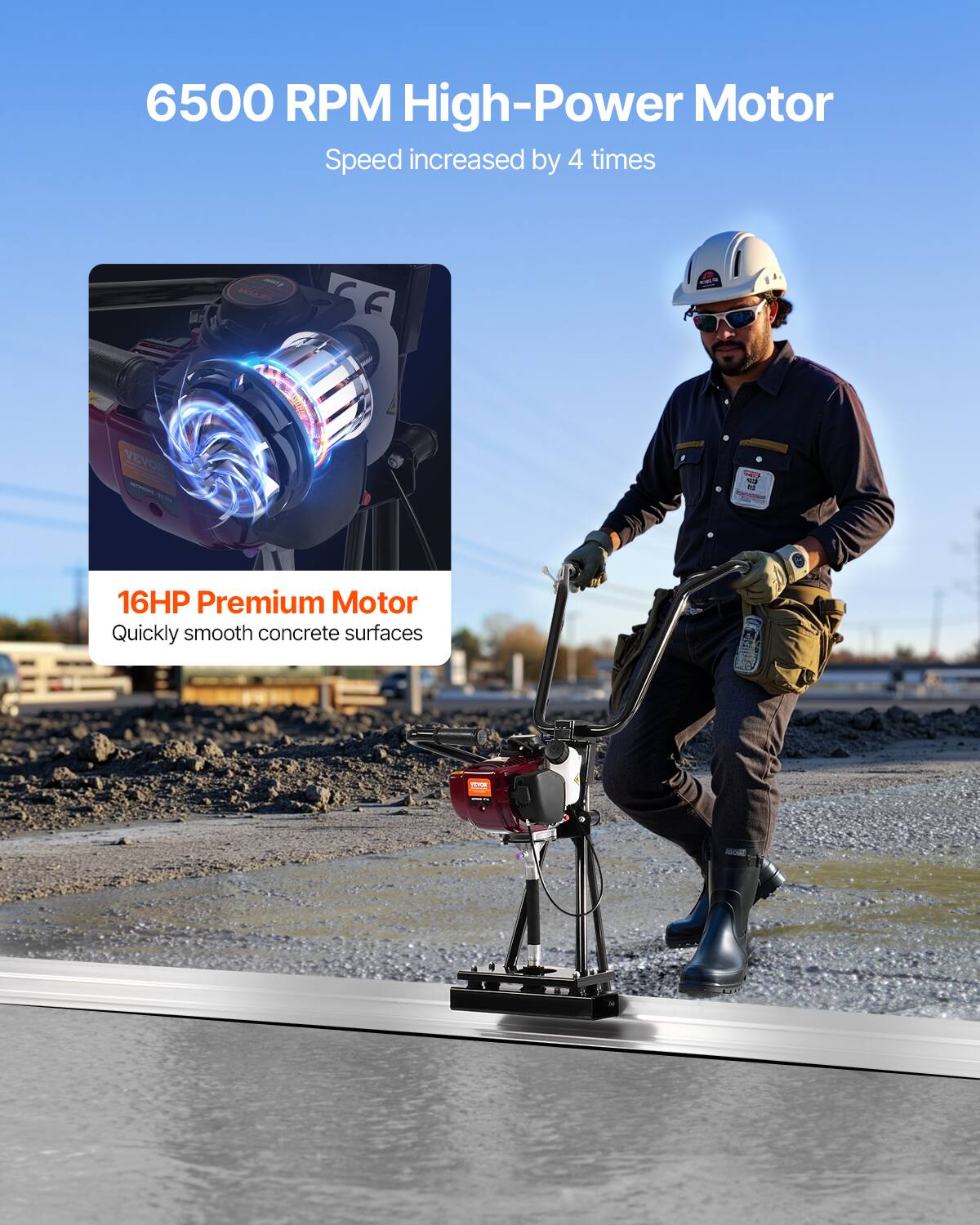 6500 RPM High-Power Motor  
Speed increased by 4 times  

16HP Premium Motor  
Quickly smooth concrete surfaces