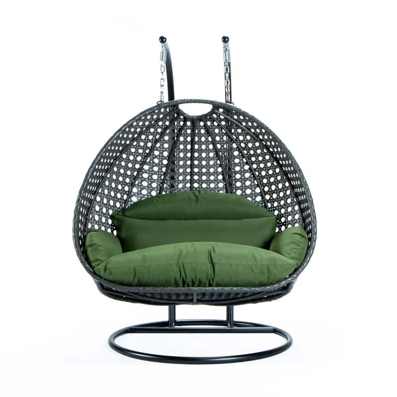 Front. LeisureMod - Leisuremod Outdoor 2-Person Charcoal Wicker Egg Swing Chair with Steel Stand, Washable Cushions & Waterproof Cover - Dark Green.