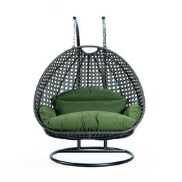 LeisureMod - Outdoor 2-Person Charcoal Wicker Egg Swing Chair with Steel Stand, Washable Cushions & Waterproof Cover - Dark Green