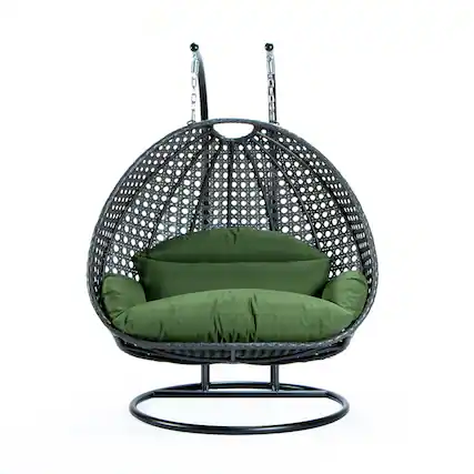 Front. LeisureMod - Leisuremod Outdoor 2-Person Charcoal Wicker Egg Swing Chair with Steel Stand, Washable Cushions & Waterproof Cover - Dark Green.
