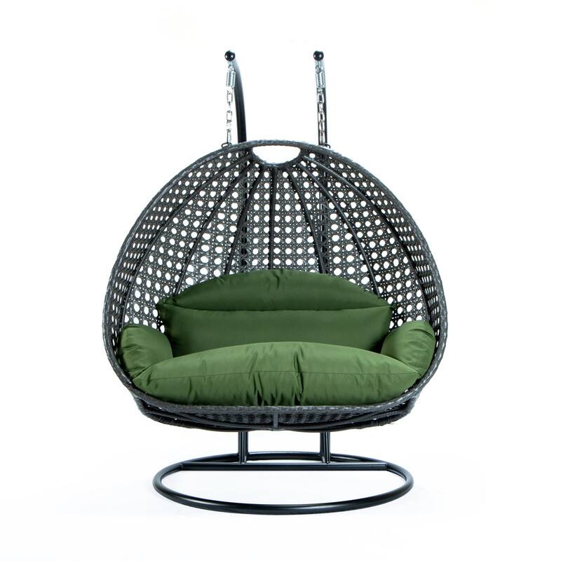 Front. LeisureMod - Leisuremod Outdoor 2-Person Charcoal Wicker Egg Swing Chair with Steel Stand, Washable Cushions & Waterproof Cover - Dark Green.