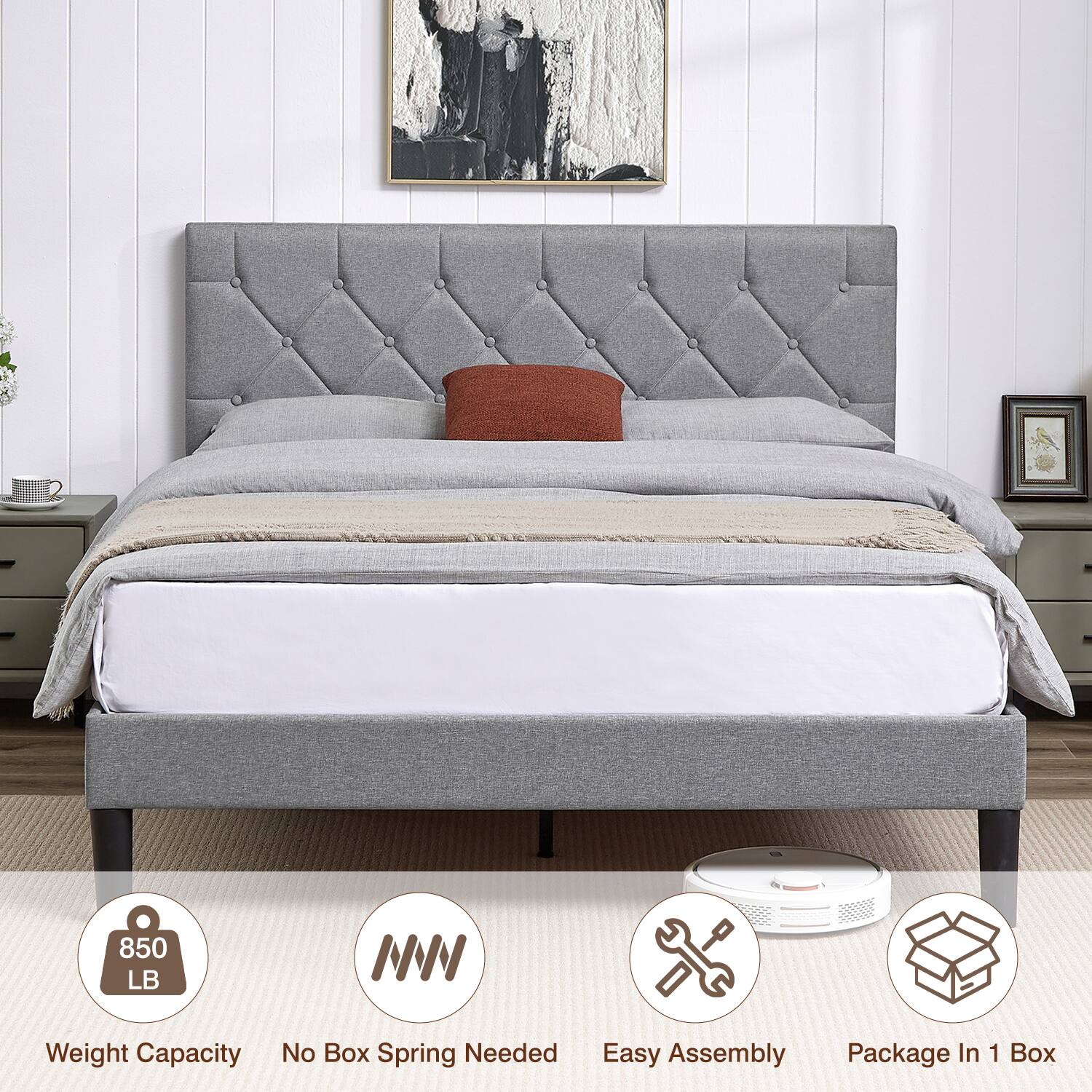 850 LB Weight Capacity  
No Box Spring Needed  
Easy Assembly  
Package In 1 Box