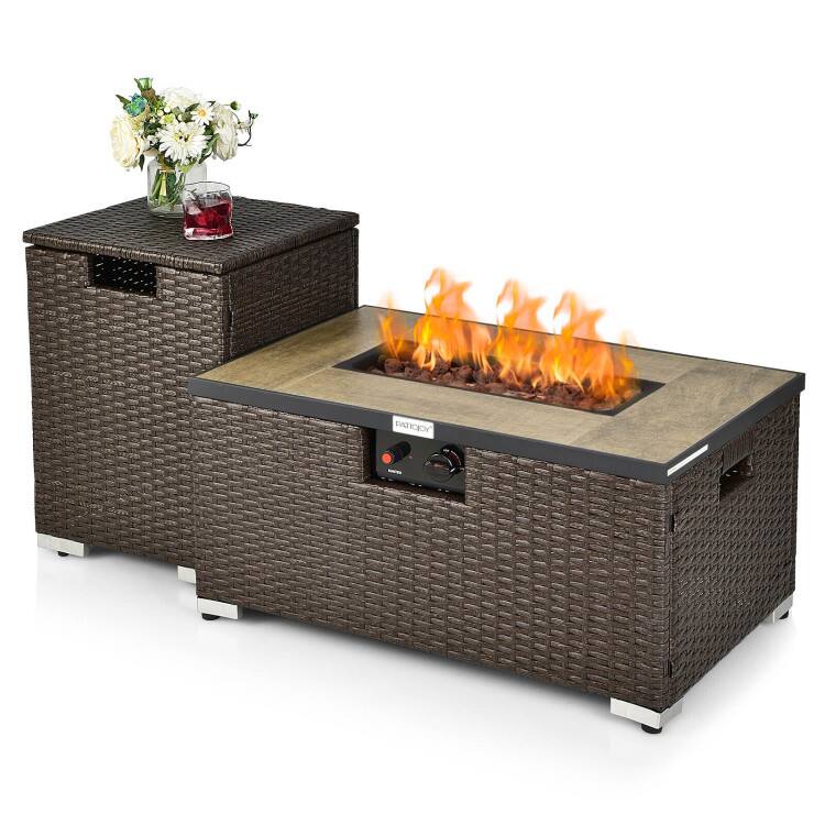Alt View 6. Mondawe - 32 x 20 Inch Propane Rattan Fire Pit Table Set with Side Table Tank and Cover - Brown.