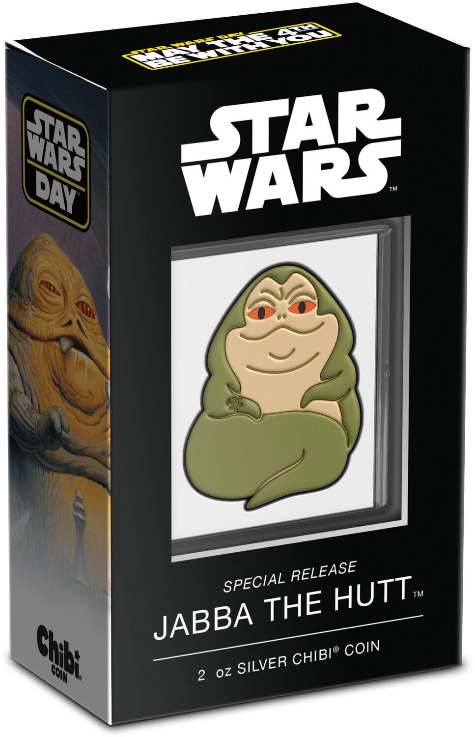 Sure, here is the corrected and grouped text from the image:

---

**STAR WARS**

**MAY THE 4TH BE WITH YOU**

**STAR WARS DAY**

**SPECIAL RELEASE**

**JABBA THE HUTT™**

**2 oz SILVER CHIBI® COIN**

**Chibi COIN**

---

This text is arranged as it appears on the packaging.