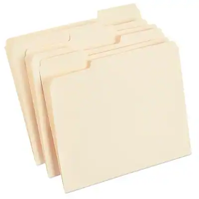 Front. Staples - Staples 30% Recycled File Folders, 1/3-Cut Tab, Letter Size, Manila, 100/Box (ST56675) - Manila.