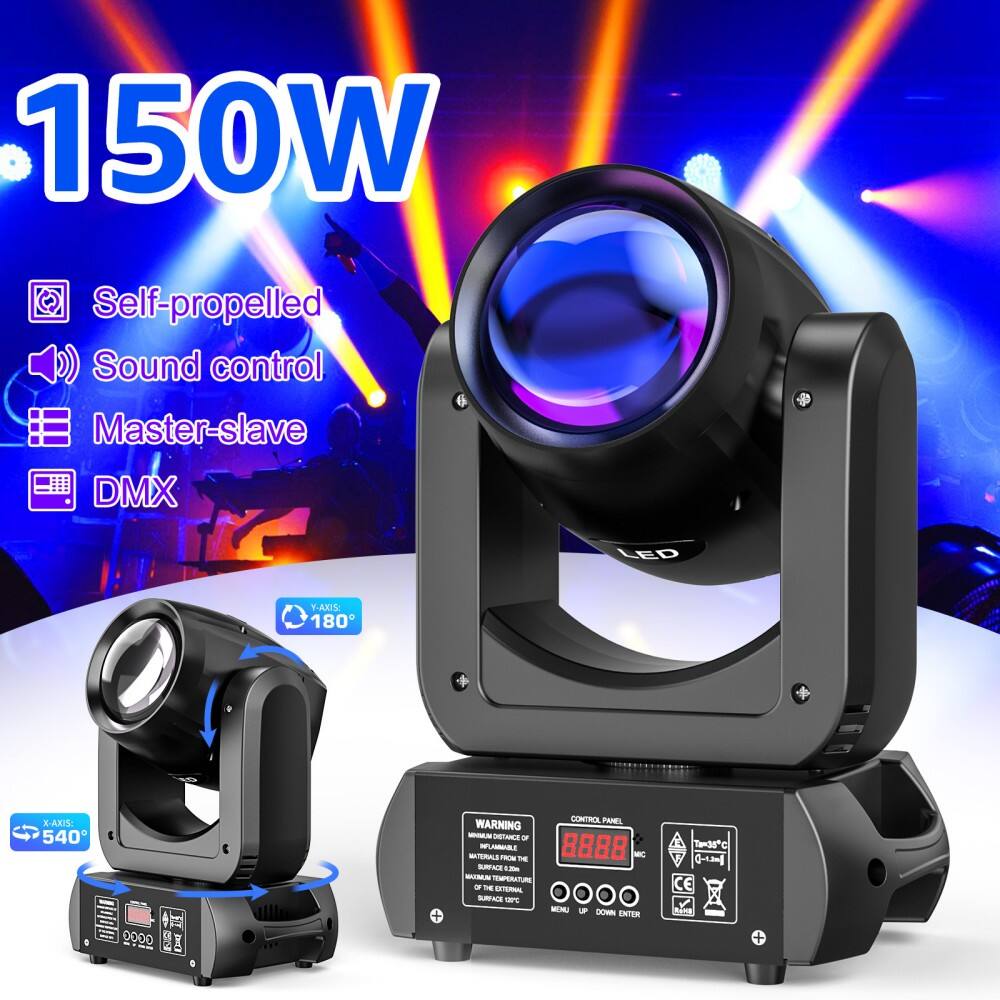 150W Self-propelled Sound control Master-slave DMX LED T-Axis 180 X-Axis 540
CONTROL PANEL WARNING - ETAACE - UA 8888 NATERALS - TEMPORATURE - IF DOWN ENTER S3dC 0-13 CE E
WARNING
MINIMUM DISTANCE OF 1M FROM THE LENS
MAXIMUM DISTANCE OF 5M
MAXIMUM SURFACE TEMPERATURE 120°C
MAXIMUM SURFACE TEMPERATURE 120°C
CONTROL PANEL
8888
MENU UP DOWN ENTER
CE
RoHS