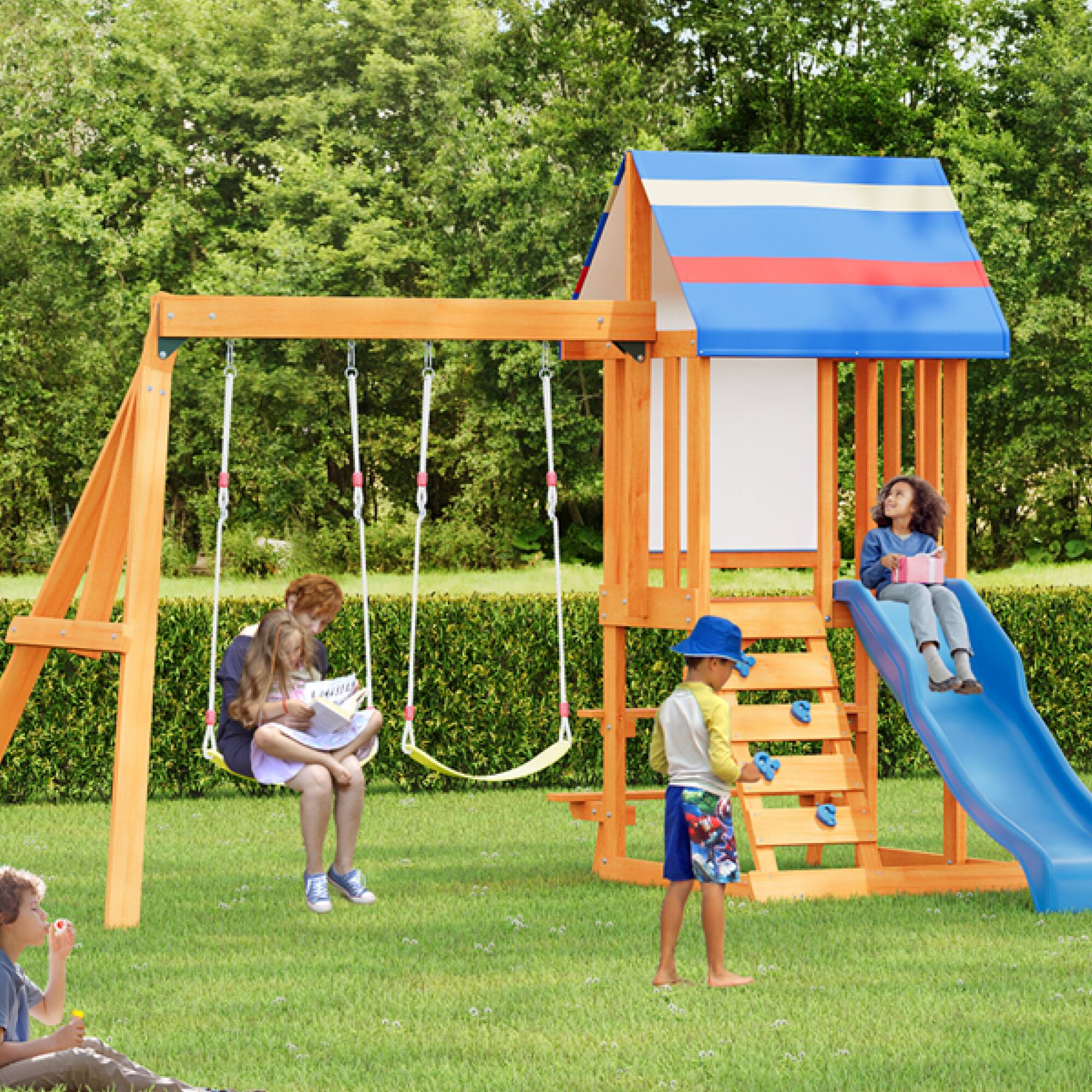 Alt View 5. ELEMENT ACE - Outdoor Wooden Swing Set with Slide, Swings, and Climbing Wall for Backyard and Garden Play.